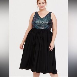 Torrid Black Midi Dress with Shimmering Sequin Top Chiffon Skater Dress